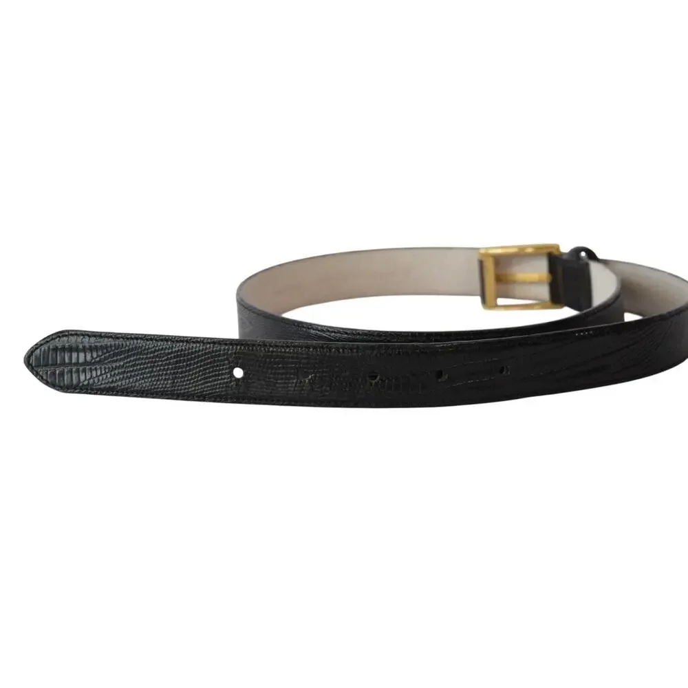 Italian Leather Black Lizard Embossed Belt Gold Buckle XL